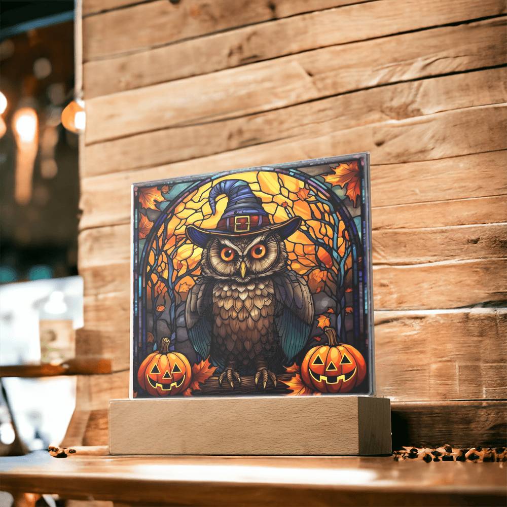 Halloween Gift - Owl Stained Glass - Acrylic Square Plaque with Available LED Night Light