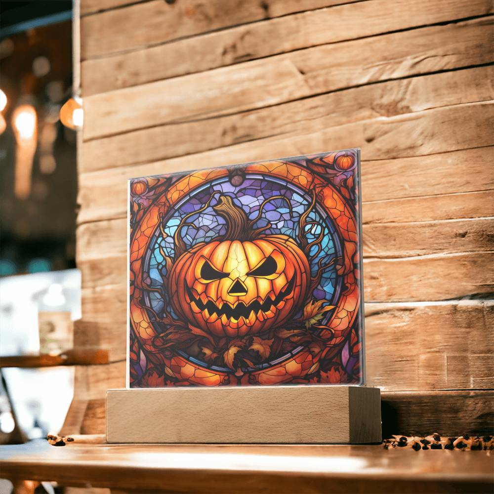 Halloween Gift - Pumpkin Stained Glass - Acrylic Square Plaque with Available LED Night Light