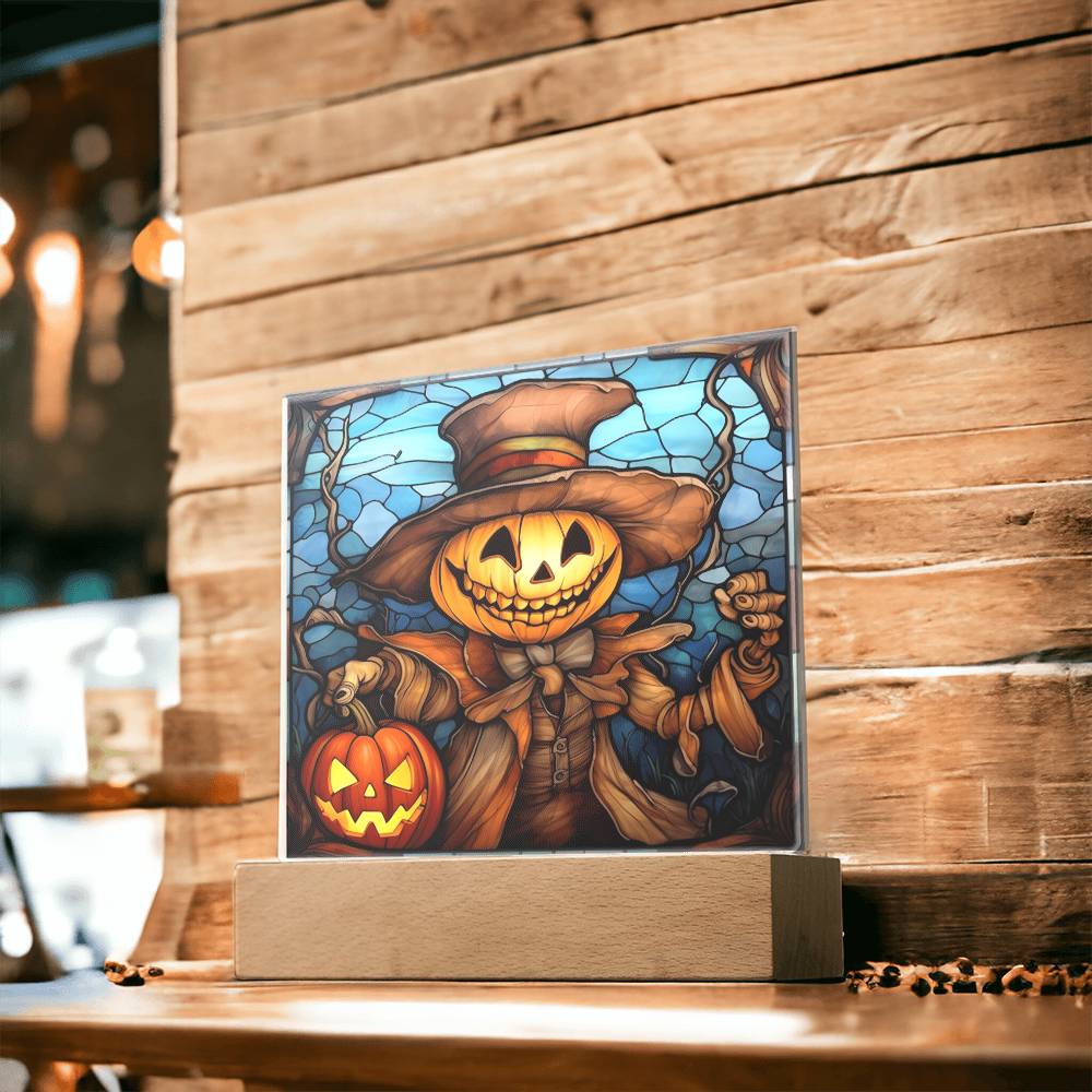 Halloween Gift - Pumpkin Ghost Stained Glass - Acrylic Square Plaque with Available LED Night Light