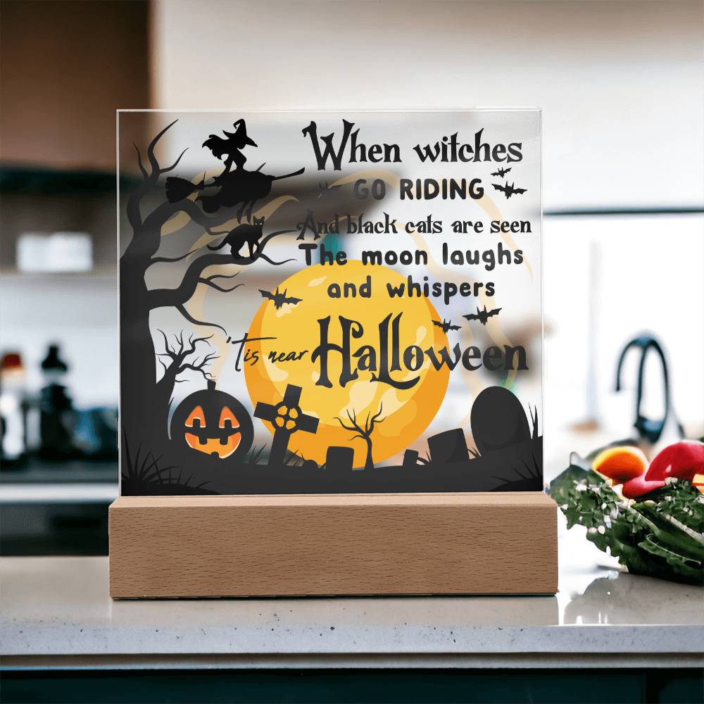 Halloween Gift - Black Cats and Witches Acrylic Square Plaque with Available LED Night Light