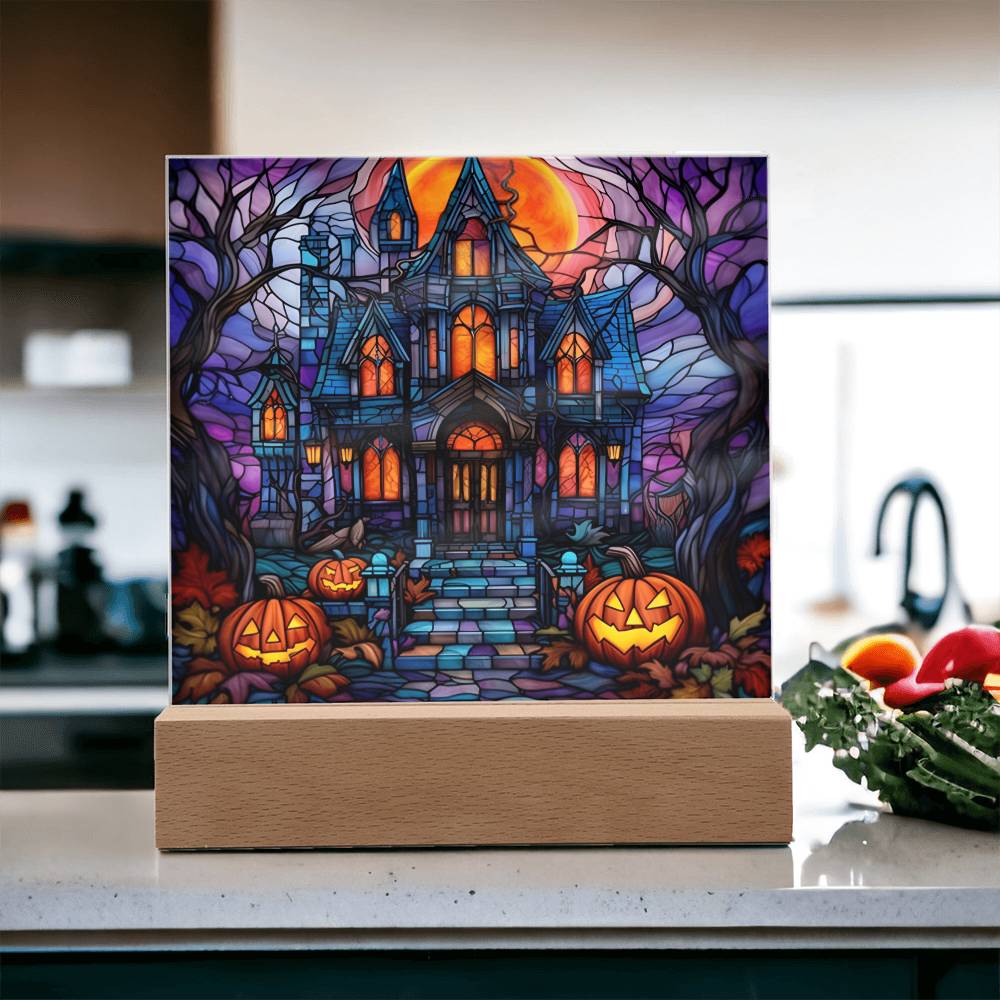 Halloween Gift - Halloween Stained Glass House - Acrylic Square Plaque with Available LED Night Light