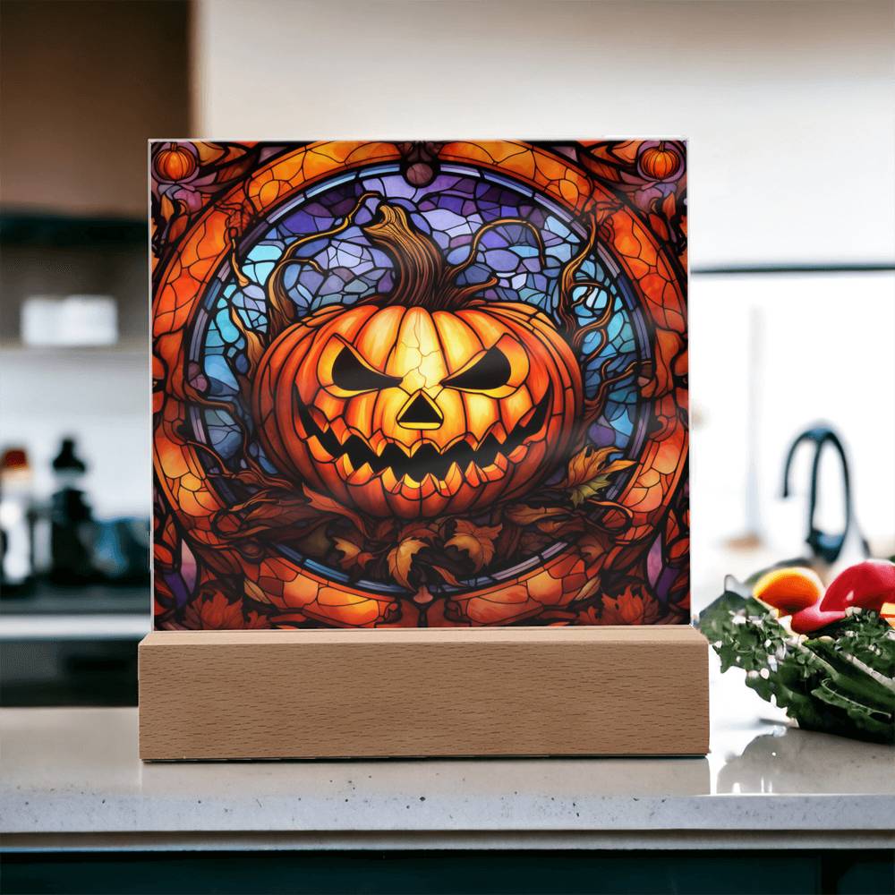 Halloween Gift - Pumpkin Stained Glass - Acrylic Square Plaque with Available LED Night Light