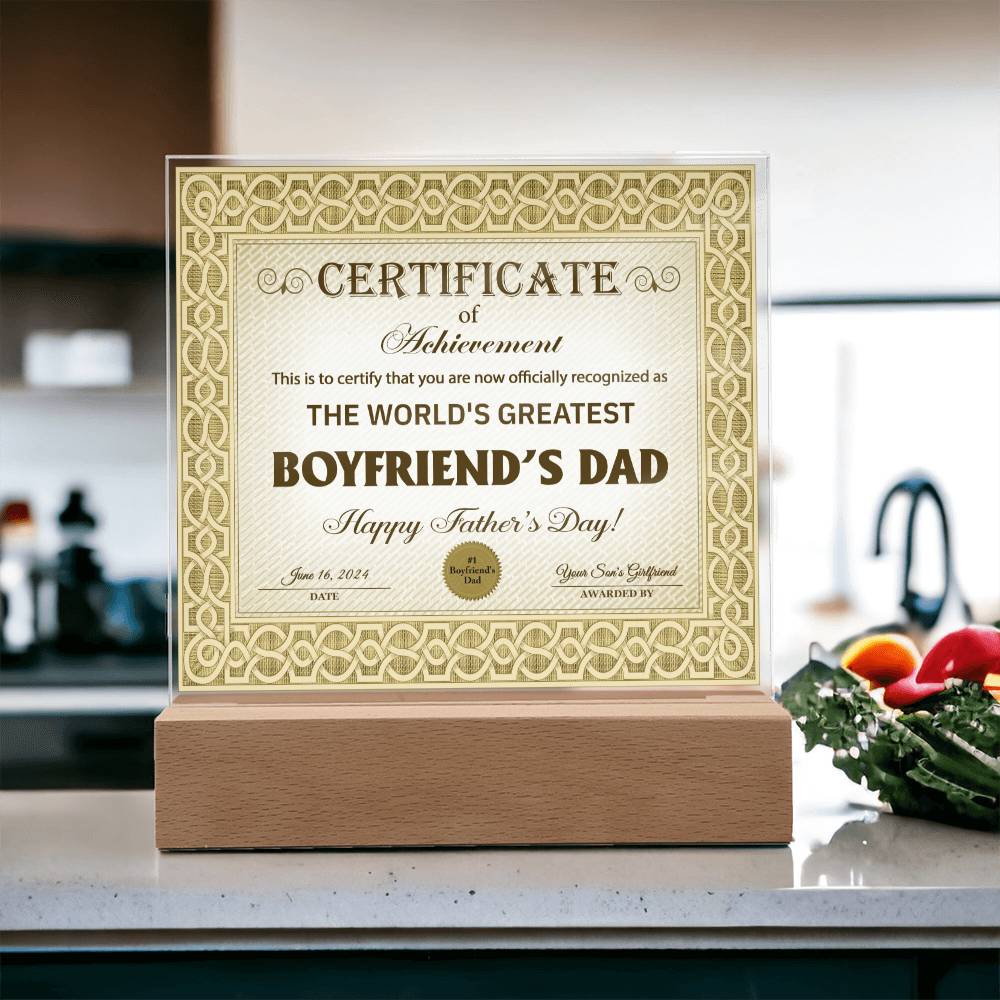 Boyfriends Dad Gift-Certificate Of Achievement-Square Acrylic Plaque