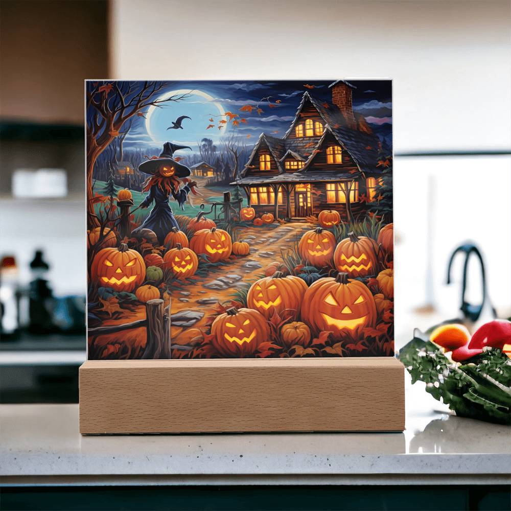 Halloween Gift - Halloween Home With Witch - Acrylic Square Plaque with Available LED Night Light