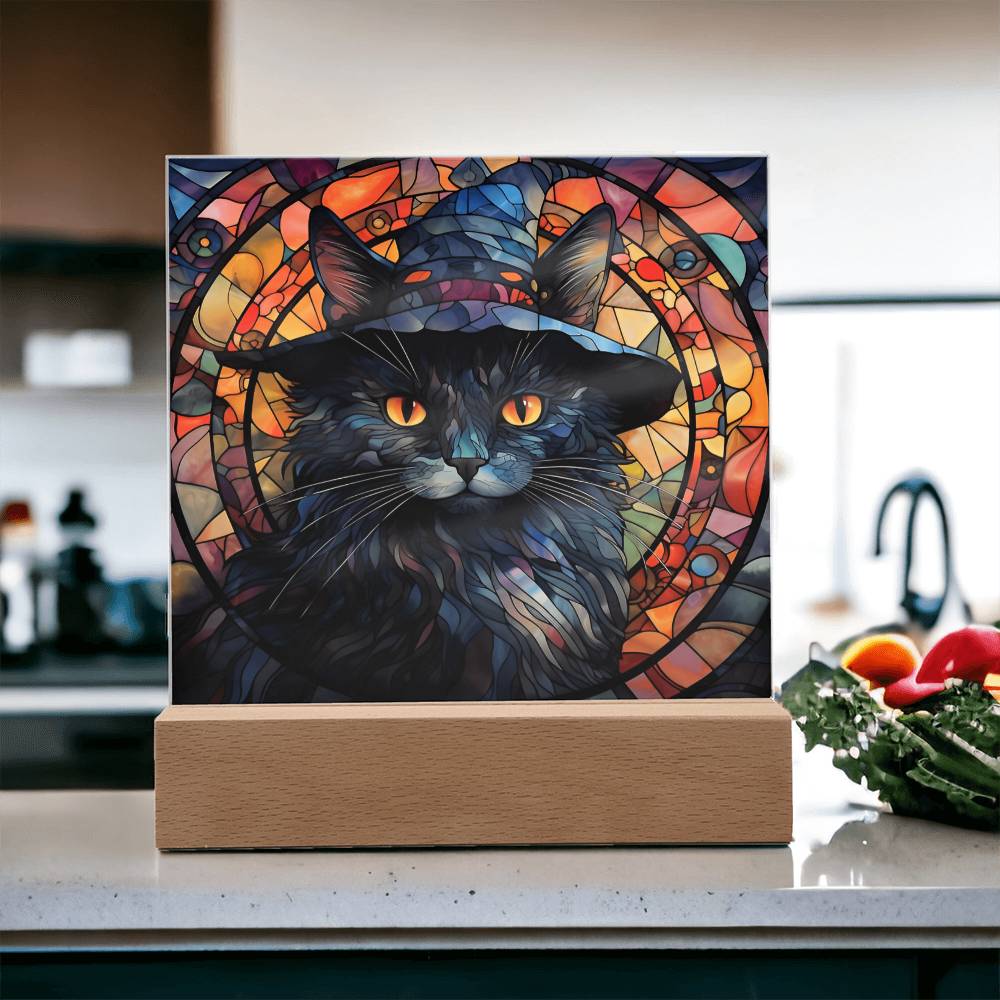 Halloween Gift - Black Cat Acrylic Square Plaque with Available LED Night Light