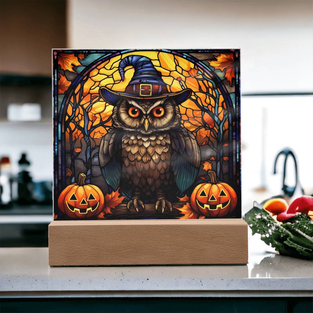 Halloween Gift - Owl Stained Glass - Acrylic Square Plaque with Available LED Night Light