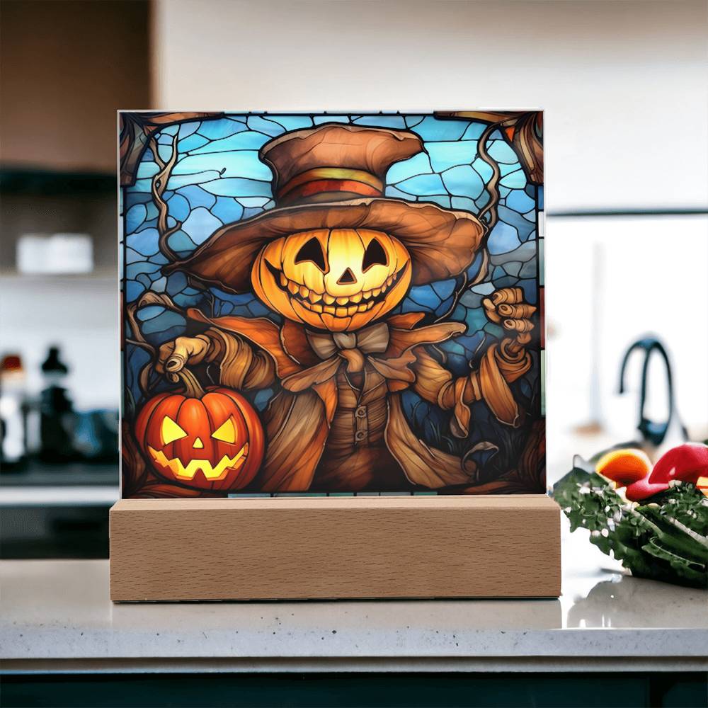 Halloween Gift - Pumpkin Ghost Stained Glass - Acrylic Square Plaque with Available LED Night Light