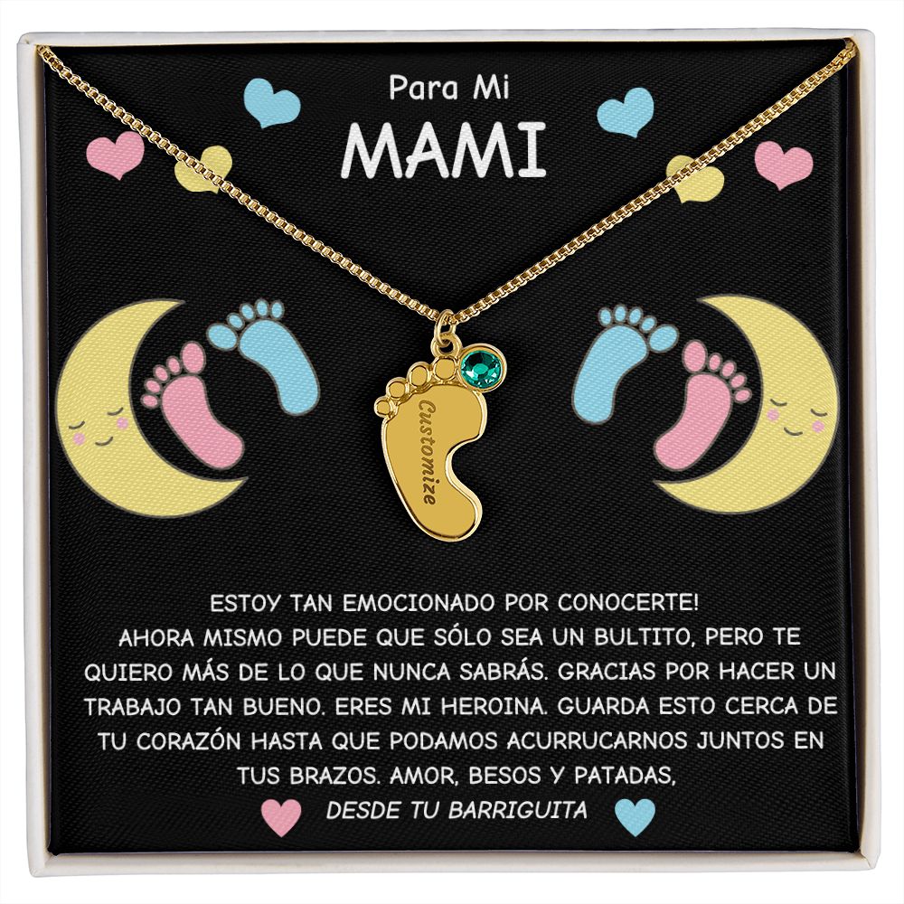 Expecting Mom To Be- Spanish- Personalized Baby Feet with Birthstone Necklace Gift