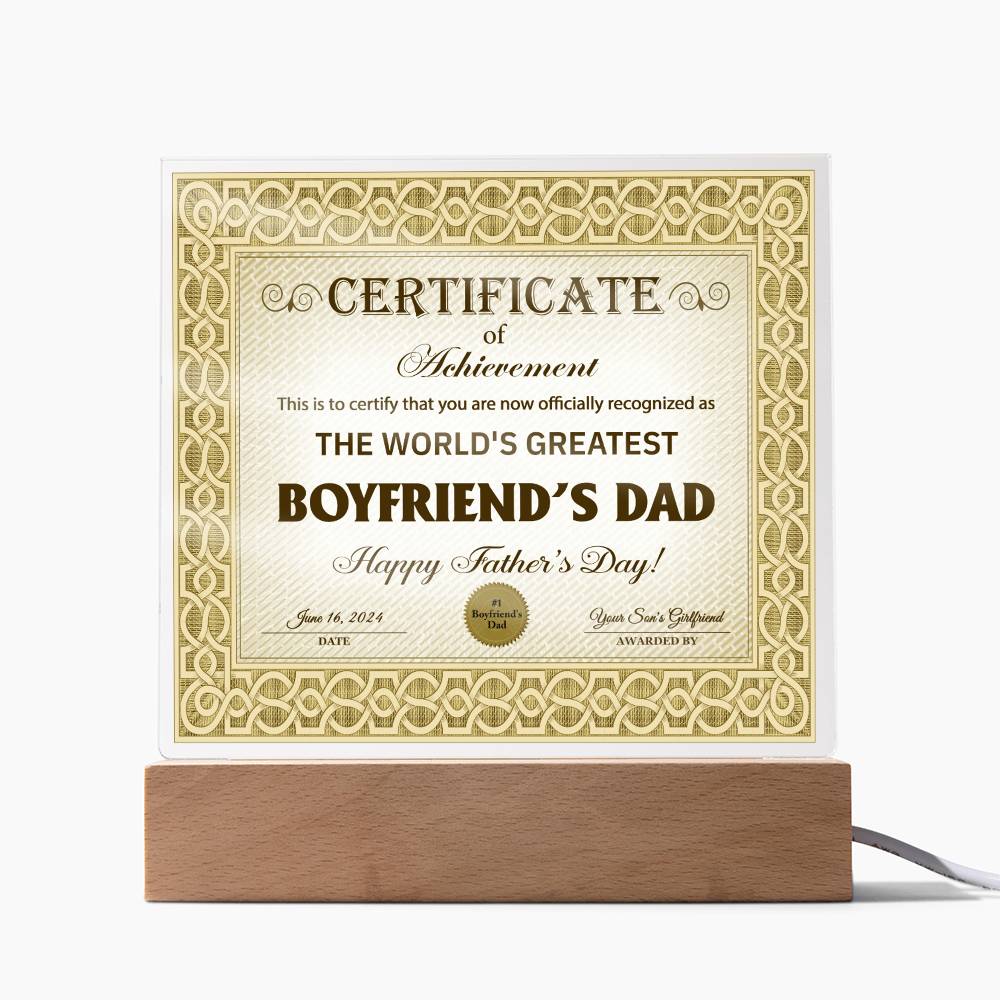 Boyfriends Dad Gift-Certificate Of Achievement-Square Acrylic Plaque