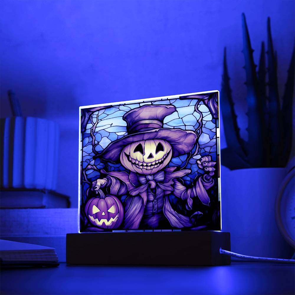 Halloween Gift - Pumpkin Ghost Stained Glass - Acrylic Square Plaque with Available LED Night Light