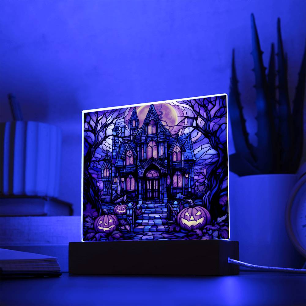 Halloween Gift - Glass Stained House - Acrylic Square Plaque with Available LED Night Light