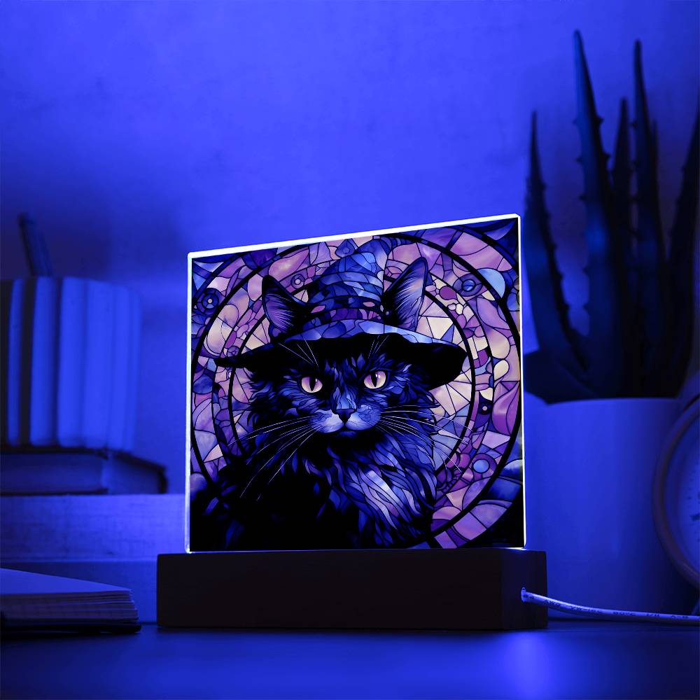 Halloween Gift - Black Cat Acrylic Square Plaque with Available LED Night Light