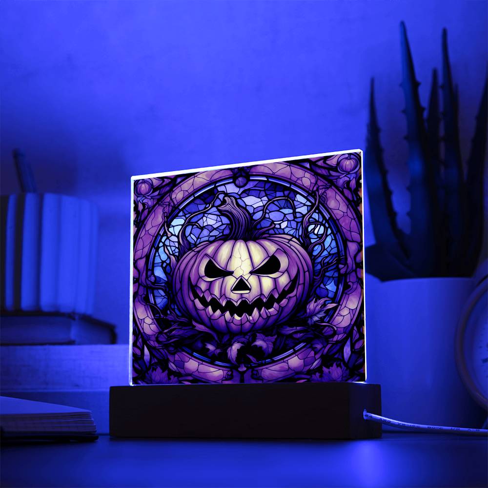 Halloween Gift - Pumpkin Stained Glass - Acrylic Square Plaque with Available LED Night Light