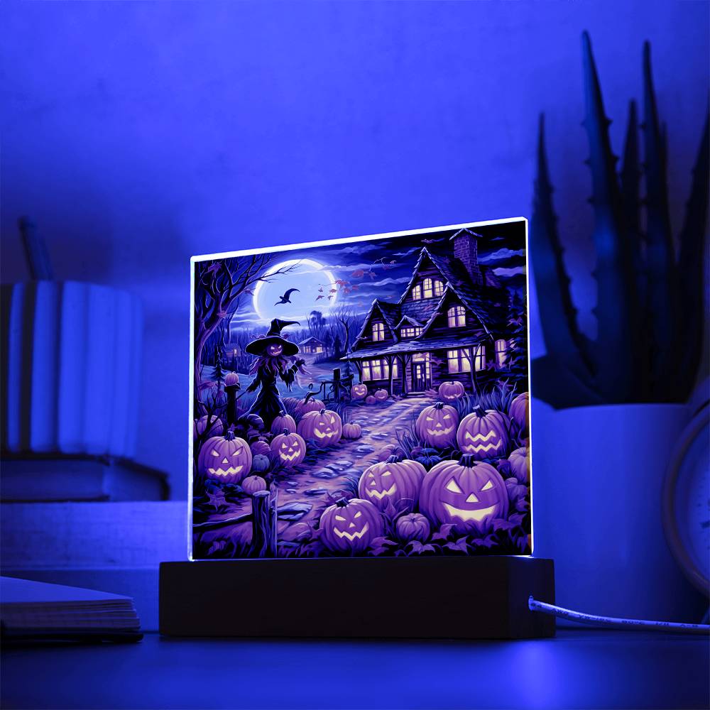 Halloween Gift - Halloween Home With Witch - Acrylic Square Plaque with Available LED Night Light