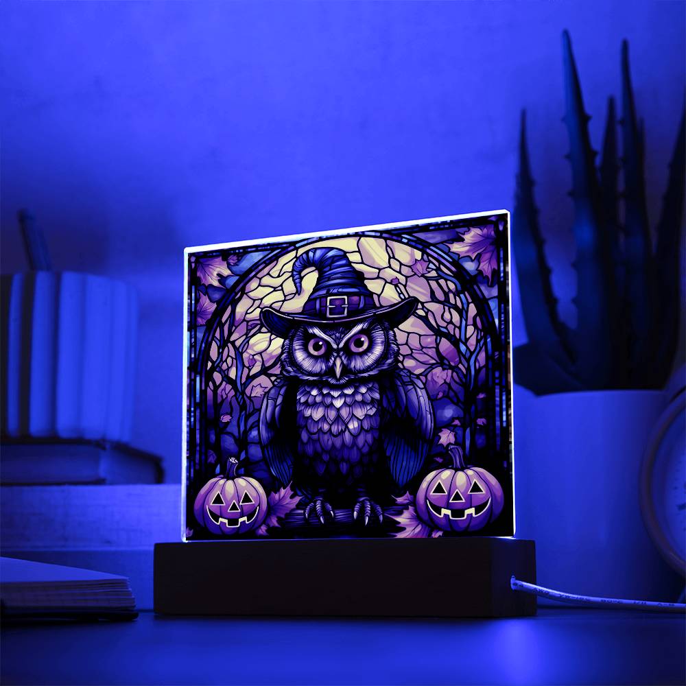 Halloween Gift - Owl Stained Glass - Acrylic Square Plaque with Available LED Night Light