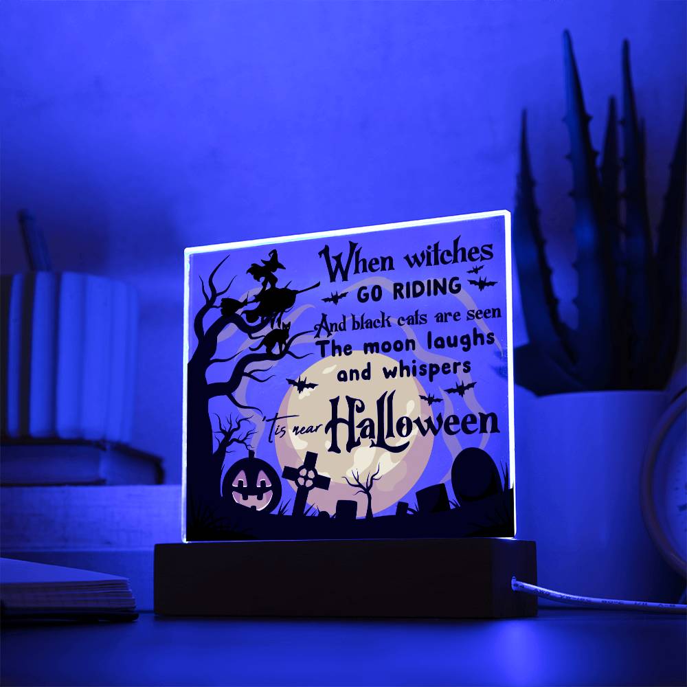 Halloween Gift - Black Cats and Witches Acrylic Square Plaque with Available LED Night Light