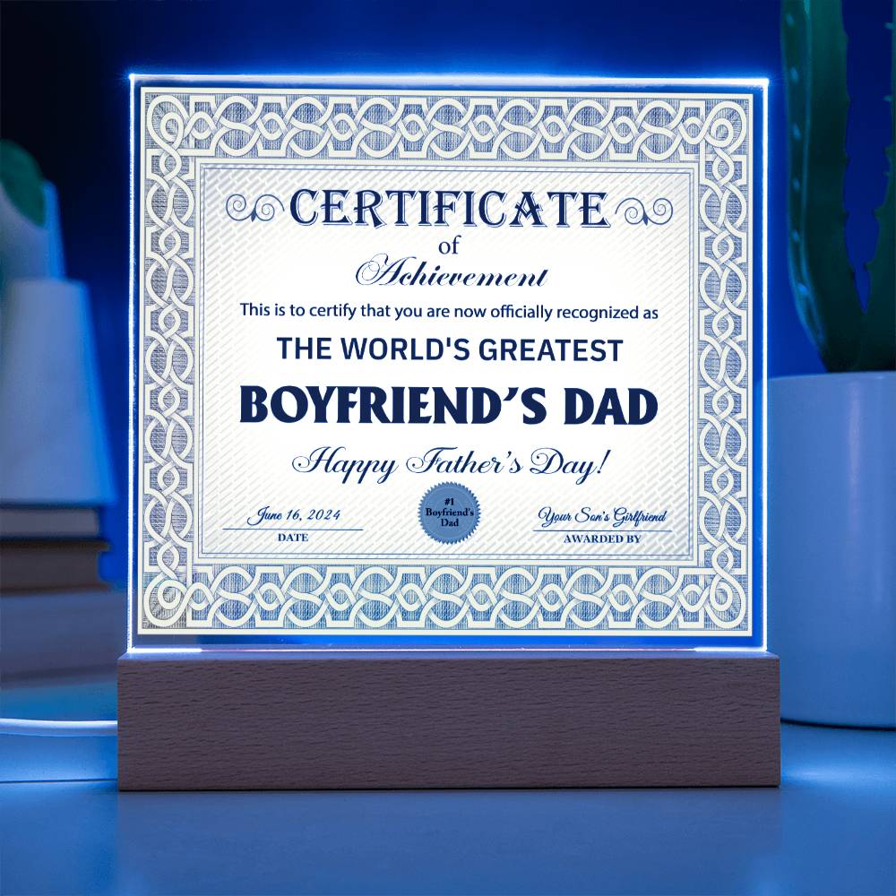 Boyfriends Dad Gift-Certificate Of Achievement-Square Acrylic Plaque