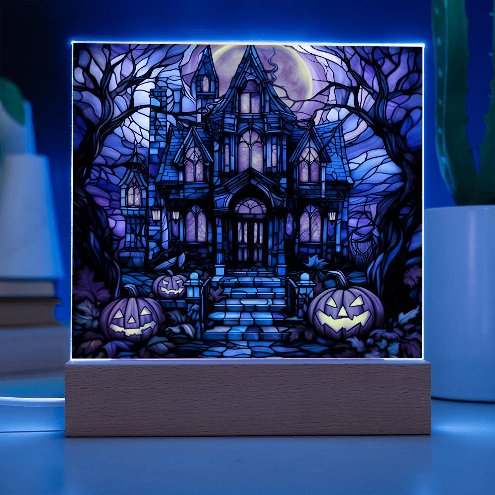 Halloween Gift - Halloween Stained Glass House - Acrylic Square Plaque with Available LED Night Light