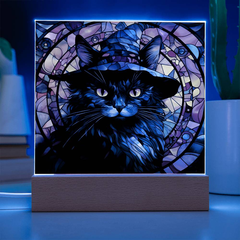 Halloween Gift - Black Cat Acrylic Square Plaque with Available LED Night Light