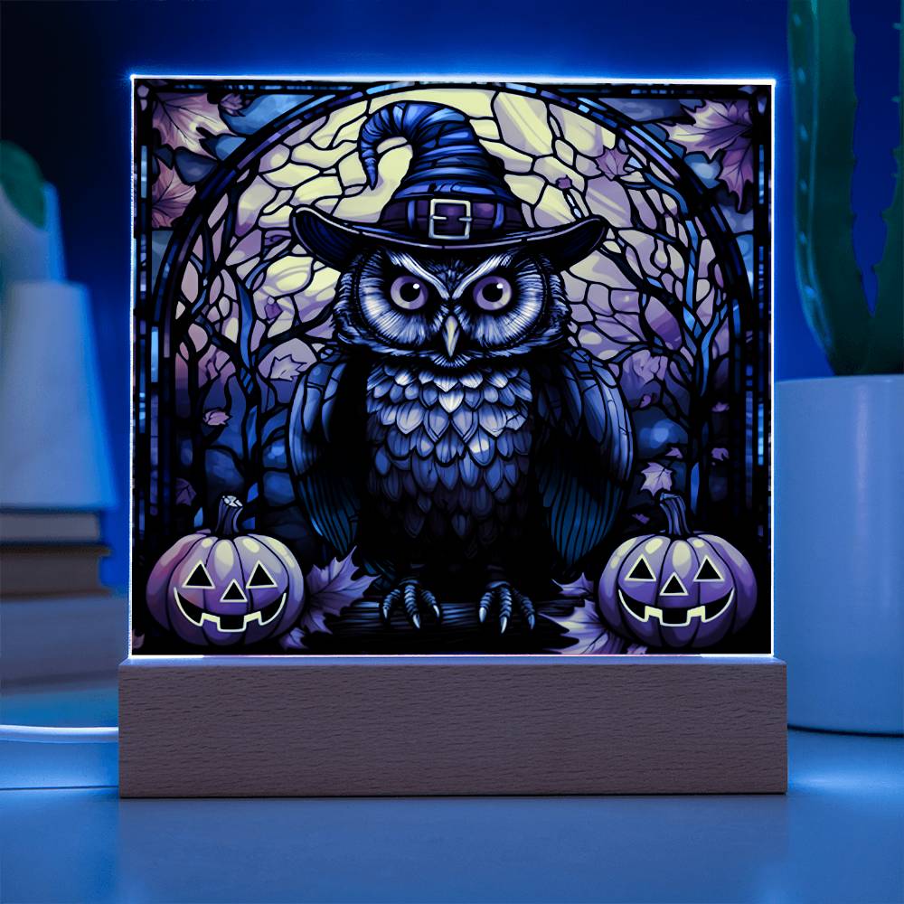 Halloween Gift - Owl Stained Glass - Acrylic Square Plaque with Available LED Night Light