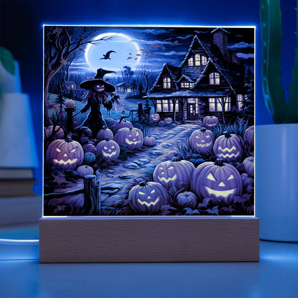 Halloween Gift - Halloween Home With Witch - Acrylic Square Plaque with Available LED Night Light