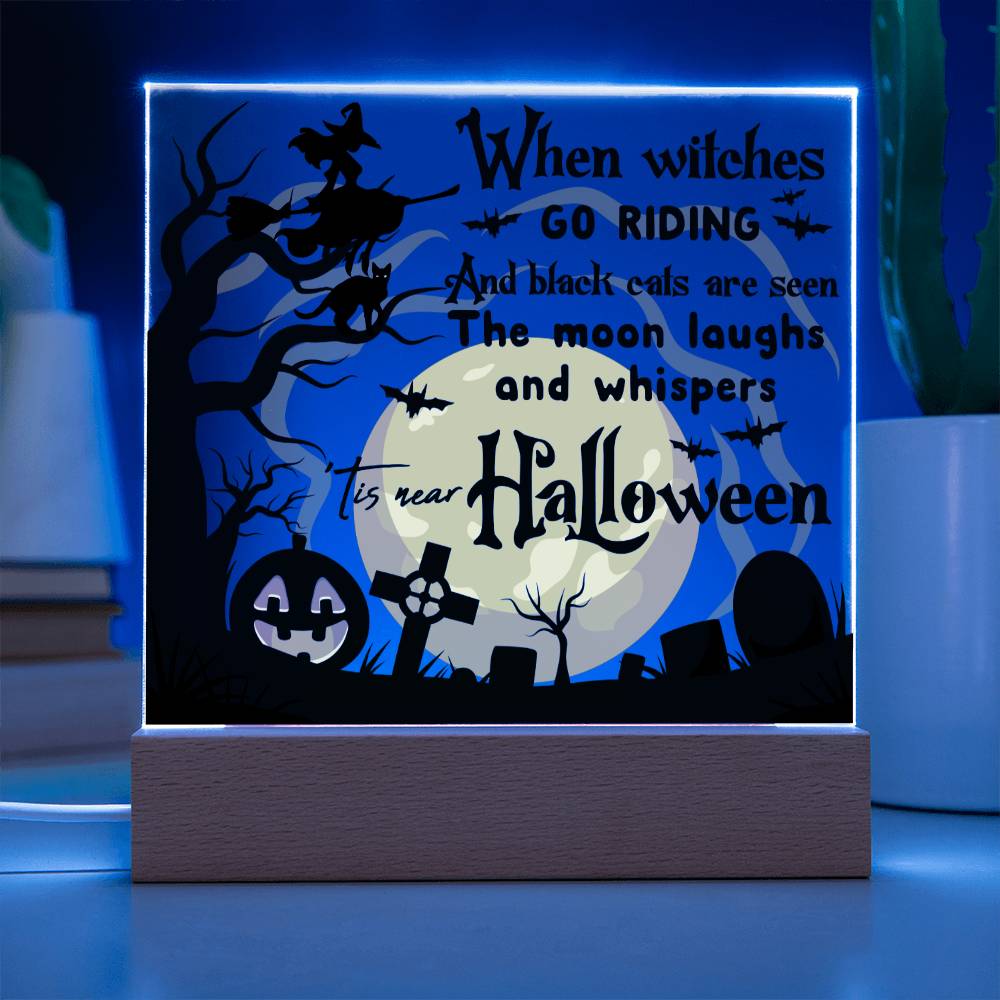 Halloween Gift - Black Cats and Witches Acrylic Square Plaque with Available LED Night Light