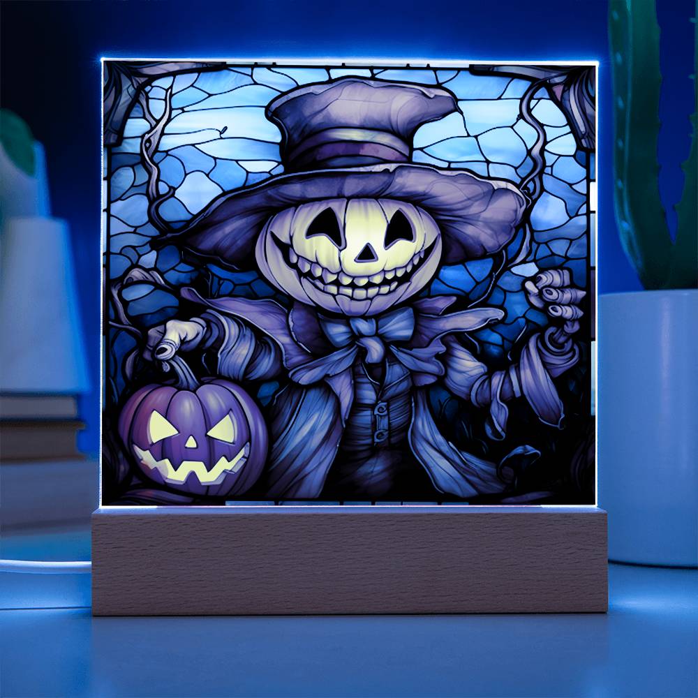 Halloween Gift - Pumpkin Ghost Stained Glass - Acrylic Square Plaque with Available LED Night Light