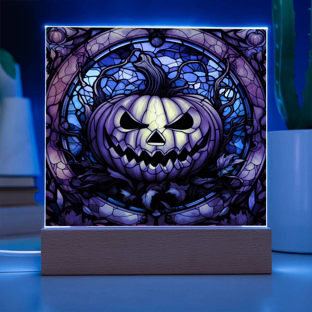 Halloween Gift - Pumpkin Stained Glass - Acrylic Square Plaque with Available LED Night Light