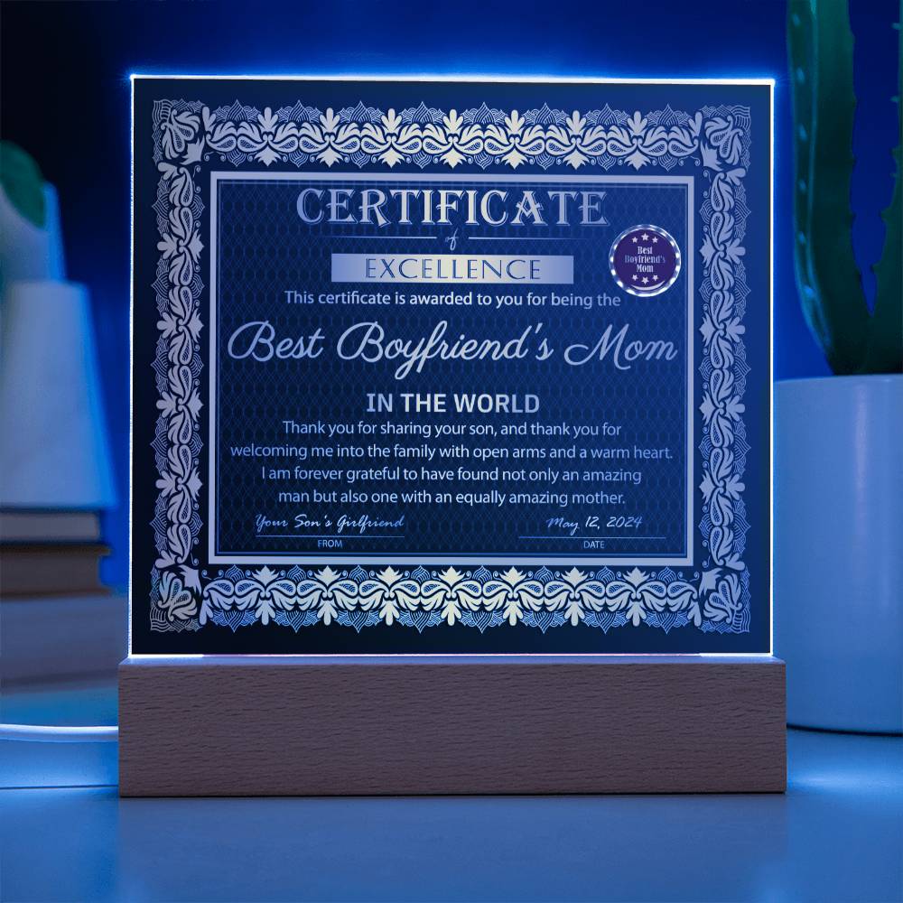 Gift For My Boyfriend's Mom - Certificate of Excellence - Acrylic Square Plaque