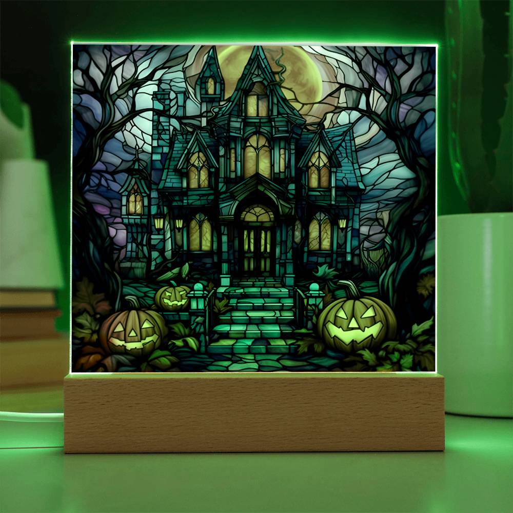 Halloween Gift - Glass Stained House - Acrylic Square Plaque with Available LED Night Light