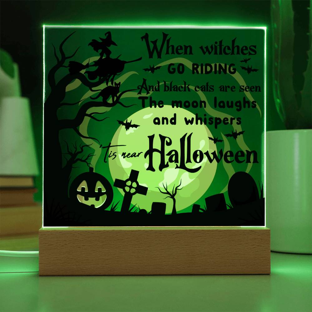 Halloween Gift - Black Cats and Witches Acrylic Square Plaque with Available LED Night Light