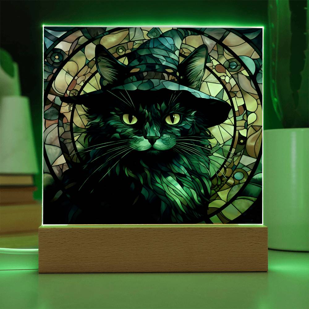 Halloween Gift - Black Cat Acrylic Square Plaque with Available LED Night Light