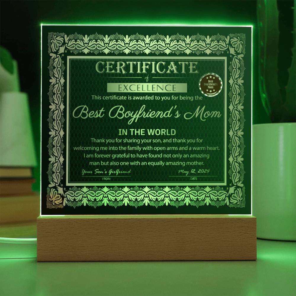 Gift For My Boyfriend's Mom - Certificate of Excellence - Acrylic Square Plaque