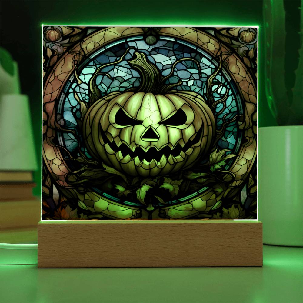 Halloween Gift - Pumpkin Stained Glass - Acrylic Square Plaque with Available LED Night Light