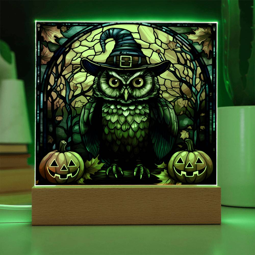 Halloween Gift - Owl Stained Glass - Acrylic Square Plaque with Available LED Night Light