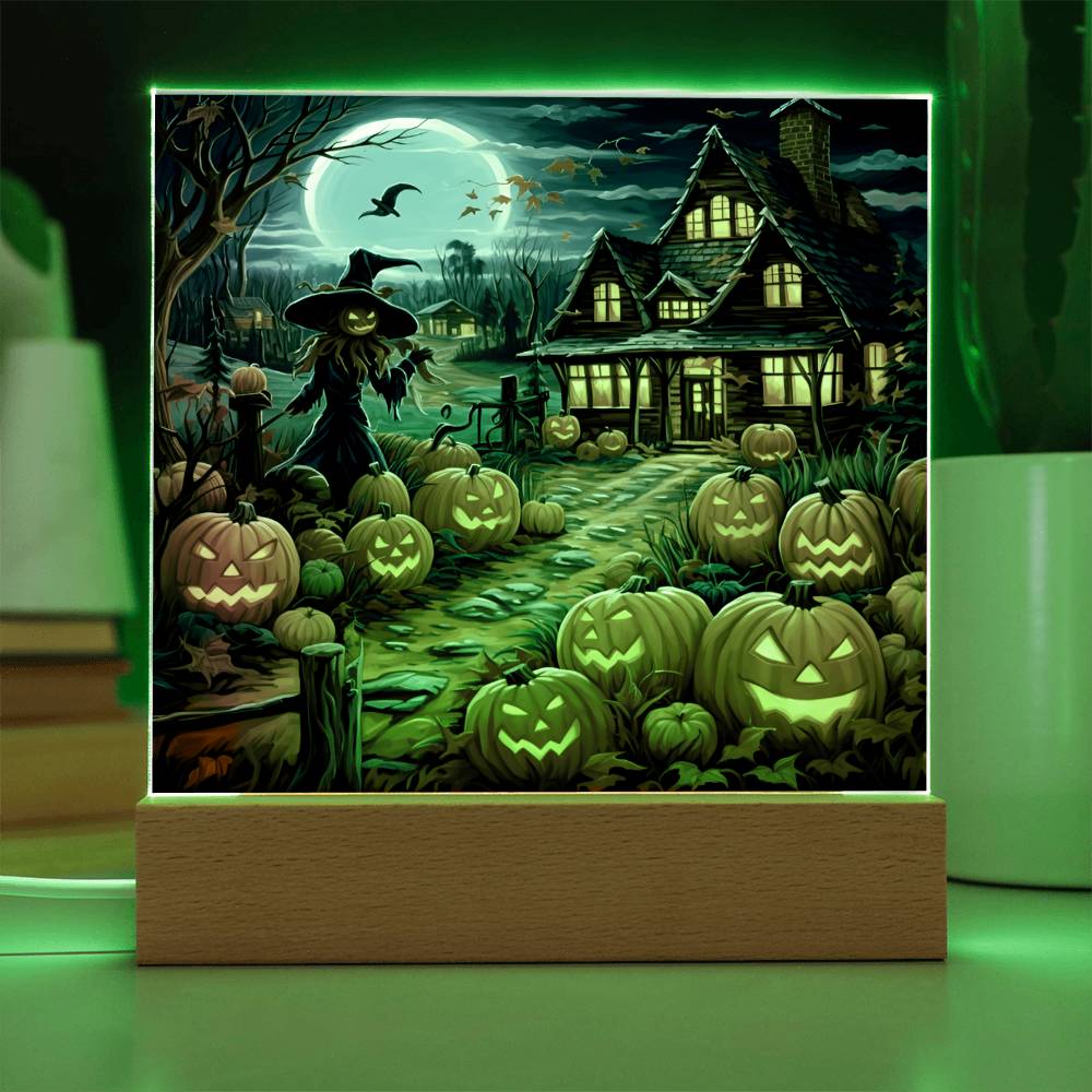 Halloween Gift - Halloween Home With Witch - Acrylic Square Plaque with Available LED Night Light