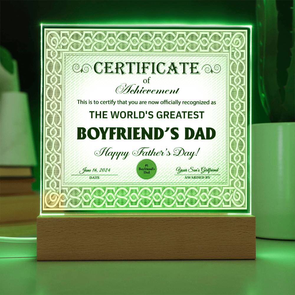 Boyfriends Dad Gift-Certificate Of Achievement-Square Acrylic Plaque