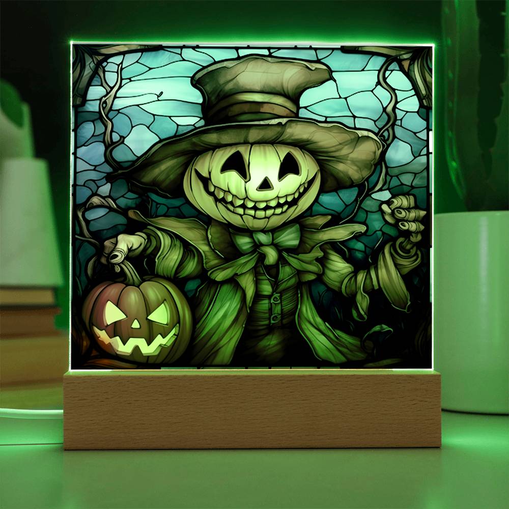 Halloween Gift - Pumpkin Ghost Stained Glass - Acrylic Square Plaque with Available LED Night Light