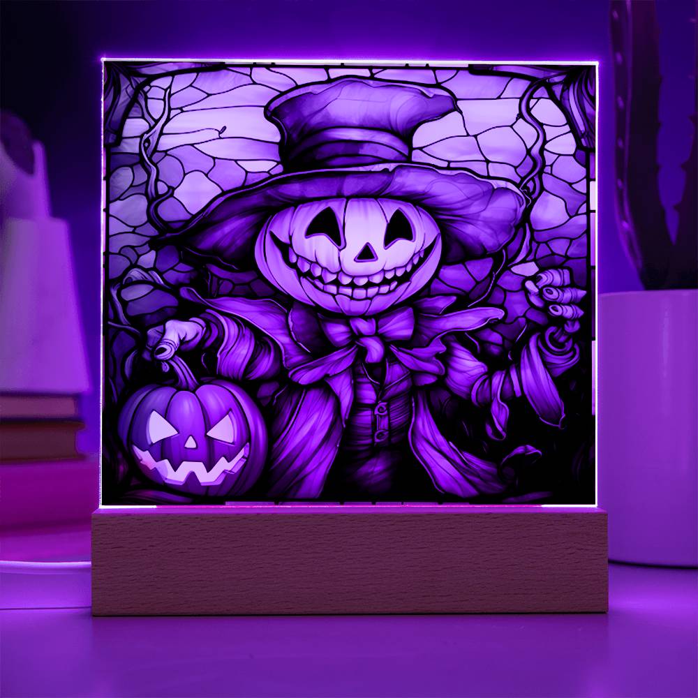 Halloween Gift - Pumpkin Ghost Stained Glass - Acrylic Square Plaque with Available LED Night Light