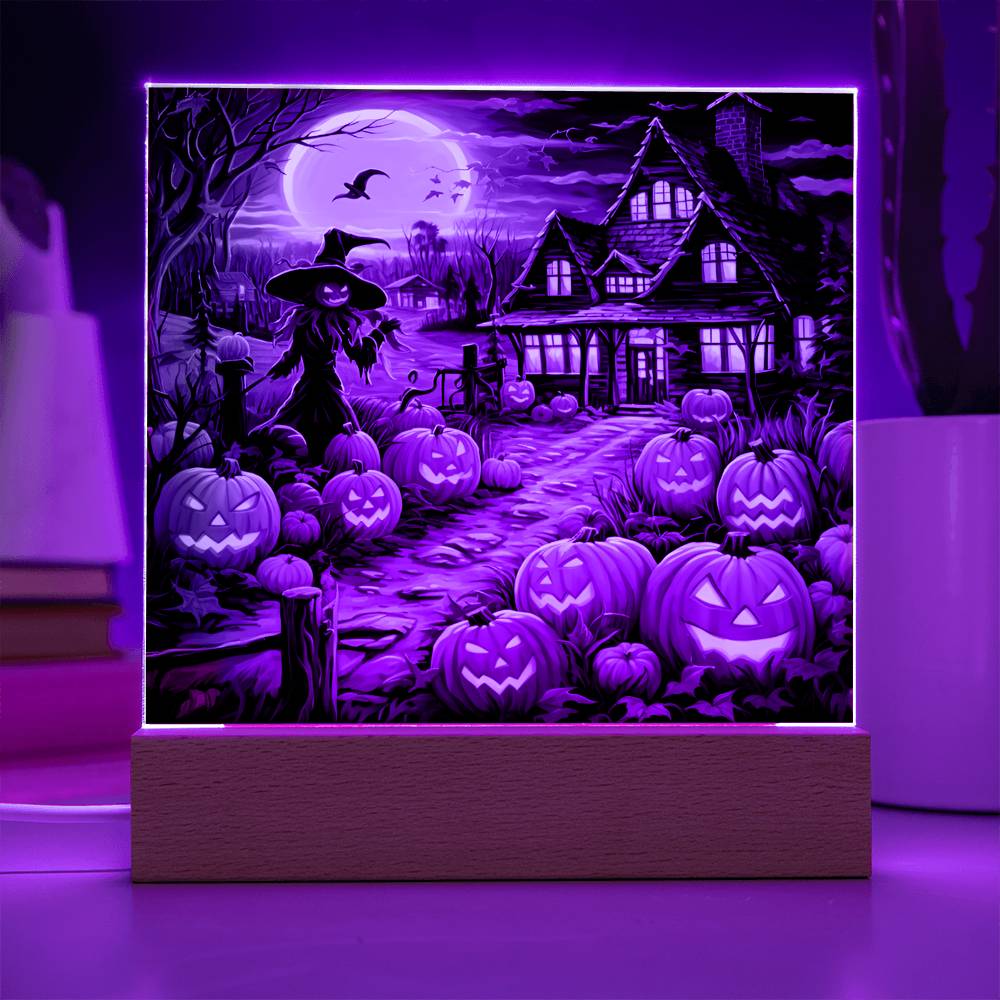 Halloween Gift - Halloween Home With Witch - Acrylic Square Plaque with Available LED Night Light