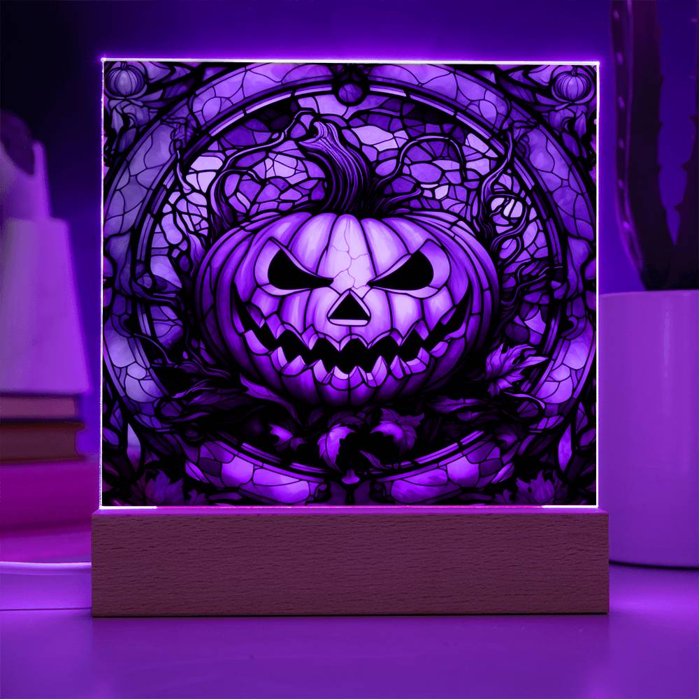 Halloween Gift - Pumpkin Stained Glass - Acrylic Square Plaque with Available LED Night Light