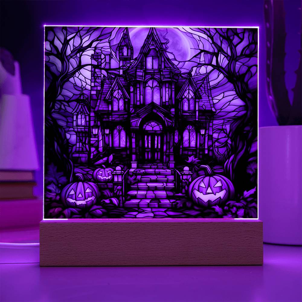 Halloween Gift - Glass Stained House - Acrylic Square Plaque with Available LED Night Light