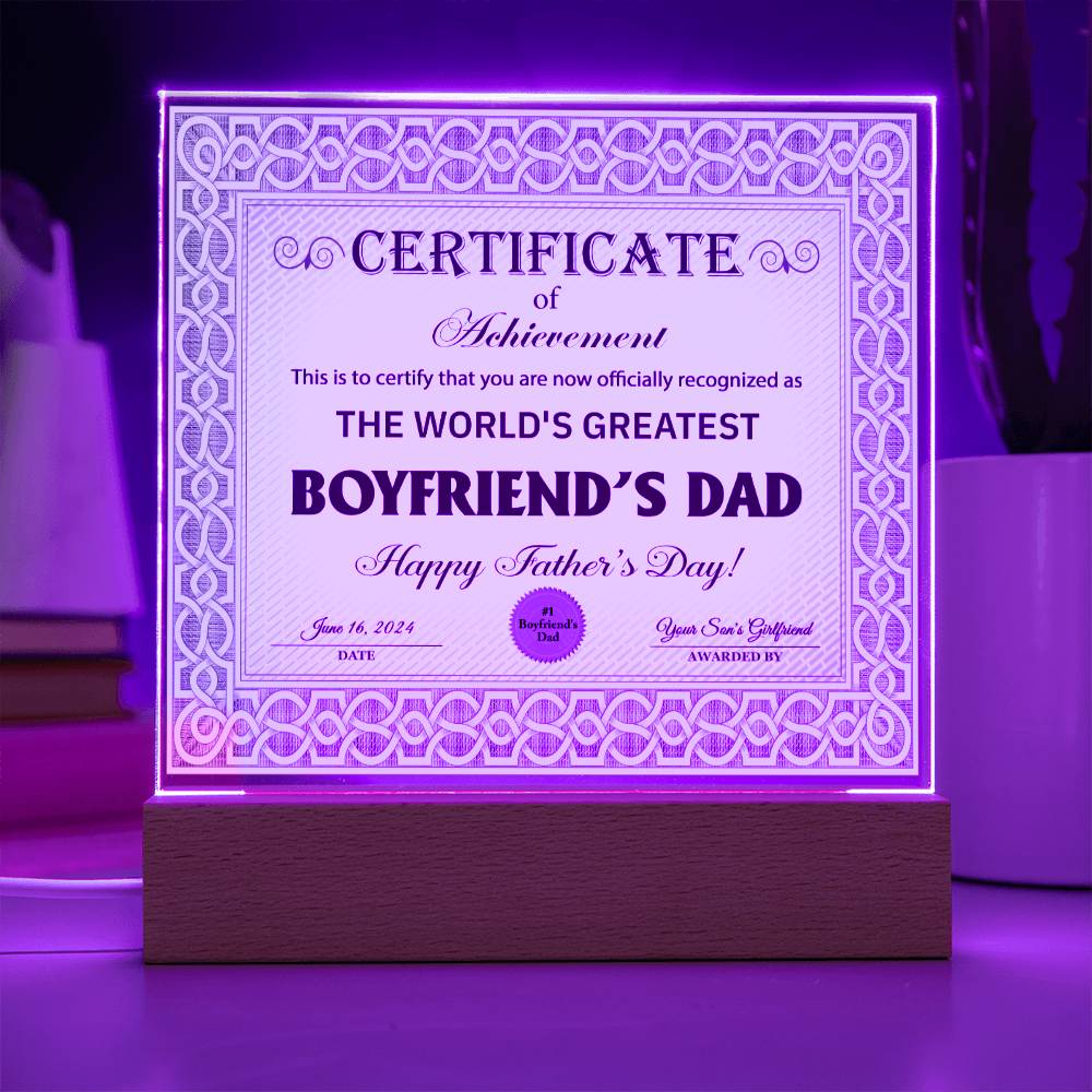 Boyfriends Dad Gift-Certificate Of Achievement-Square Acrylic Plaque