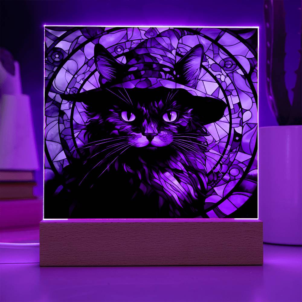 Halloween Gift - Black Cat Acrylic Square Plaque with Available LED Night Light