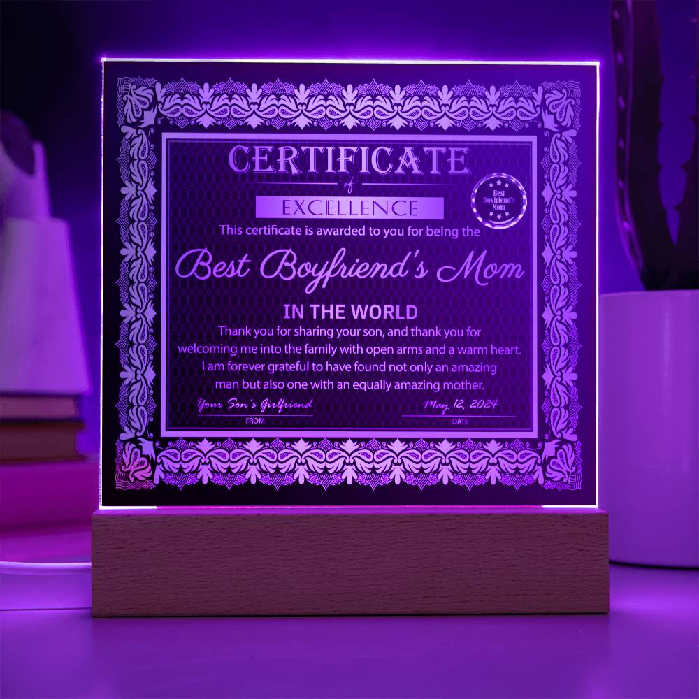 Gift For My Boyfriend's Mom - Certificate of Excellence - Acrylic Square Plaque