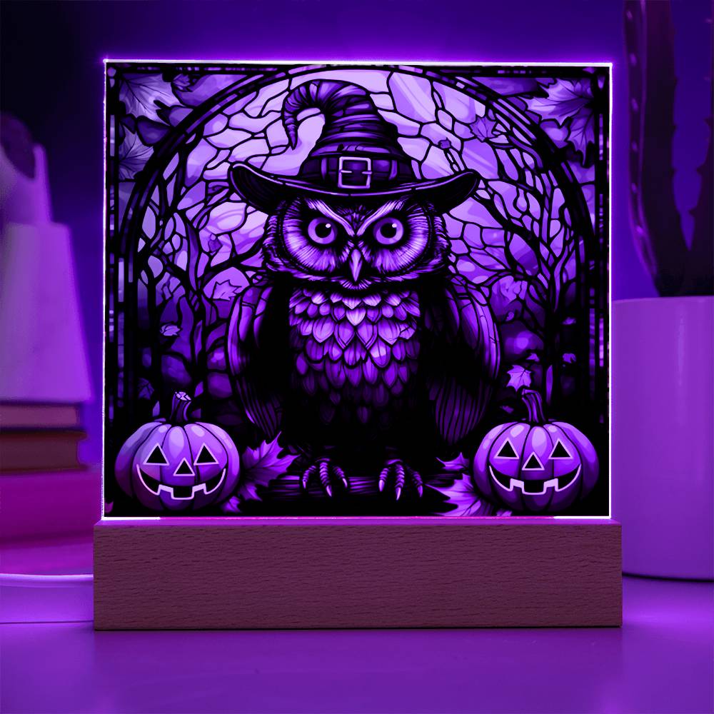 Halloween Gift - Owl Stained Glass - Acrylic Square Plaque with Available LED Night Light