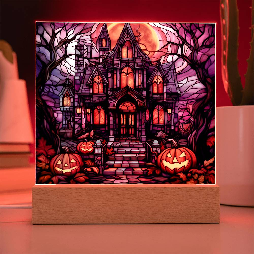 Halloween Gift - Halloween Stained Glass House - Acrylic Square Plaque with Available LED Night Light