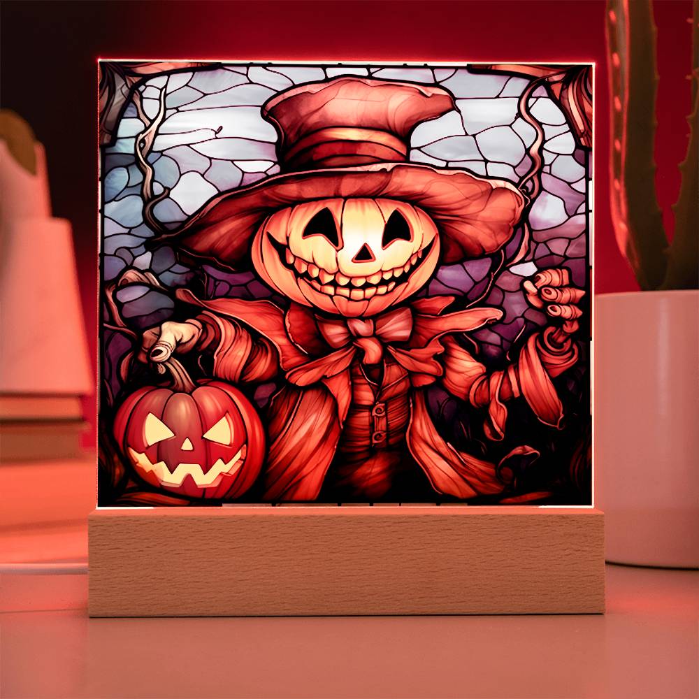 Halloween Gift - Pumpkin Ghost Stained Glass - Acrylic Square Plaque with Available LED Night Light