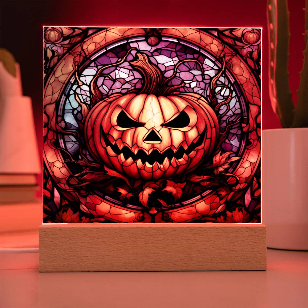 Halloween Gift - Pumpkin Stained Glass - Acrylic Square Plaque with Available LED Night Light