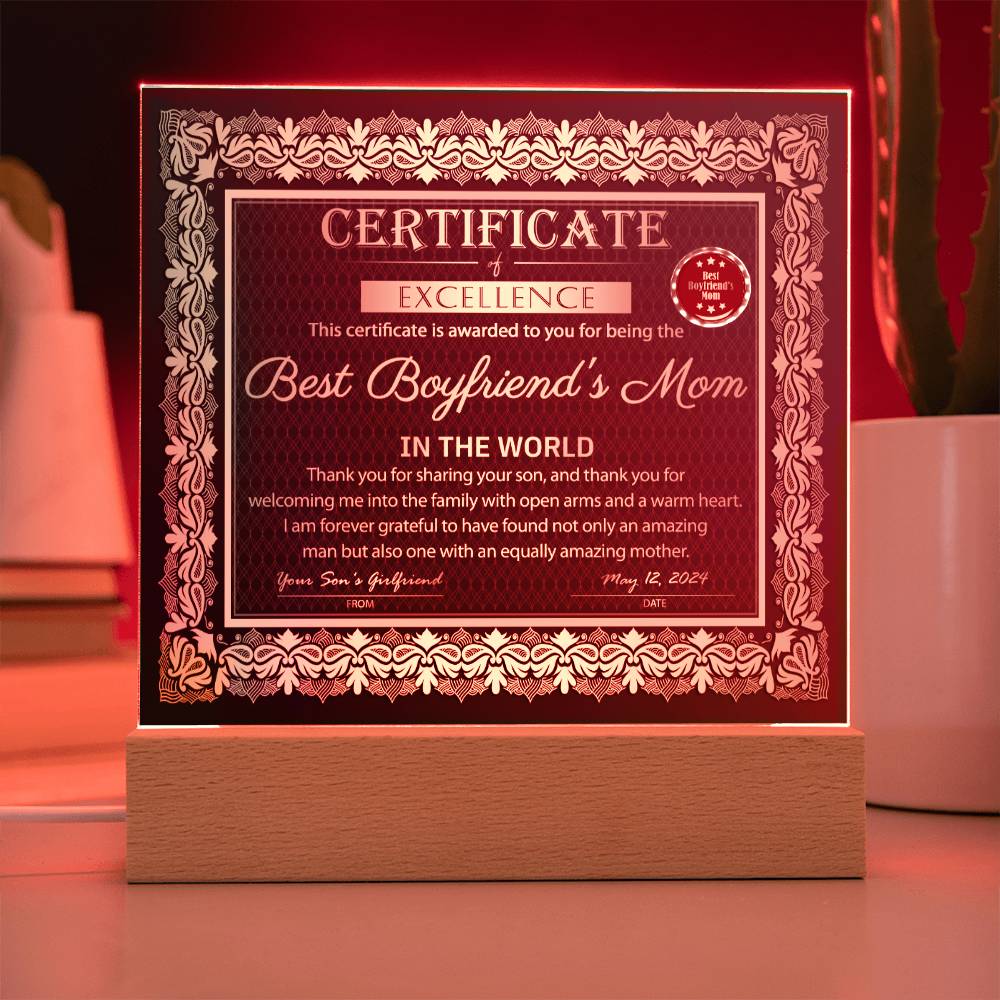 Gift For My Boyfriend's Mom - Certificate of Excellence - Acrylic Square Plaque